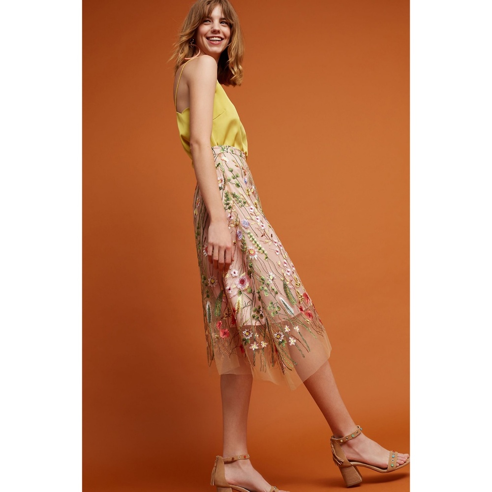 Anthropologie Embroidered Mesh Blush Floral Midi Skirt by Eva Franco - Picture 4 of 6